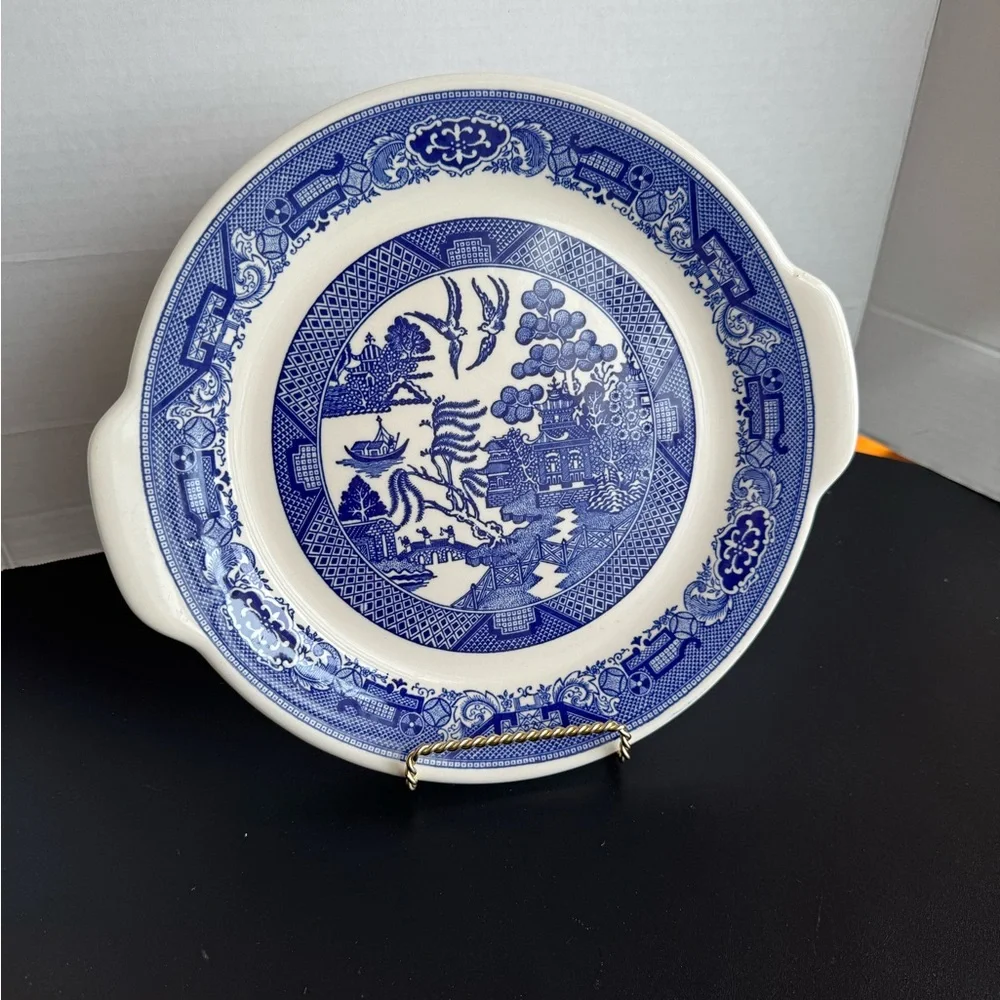 Vintage Willow Ware Blue and White Cake Plate or Serving Platter - Picture 1 of 4